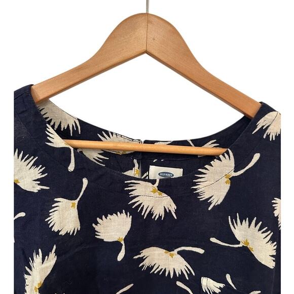 Old Navy Plus 3X Navy Blue Linen Top Blouse White Floral Print Short Sleeve - Picture 6 of 6